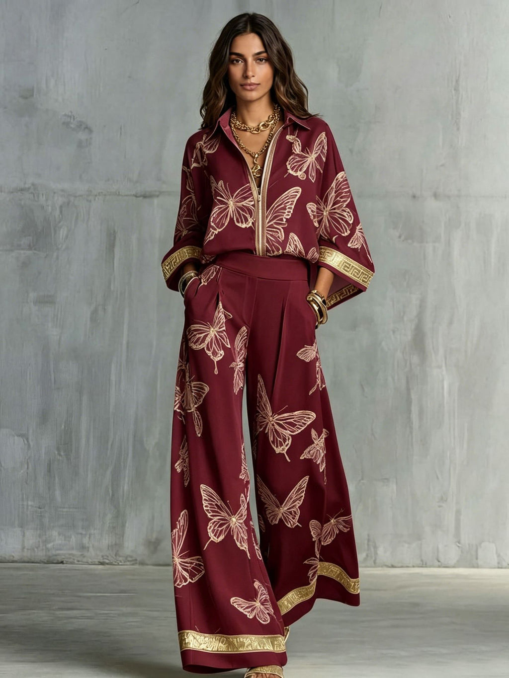 Womens Retro Print Deep V Neck Zipper Top Wide Leg Pants Two Piece Set