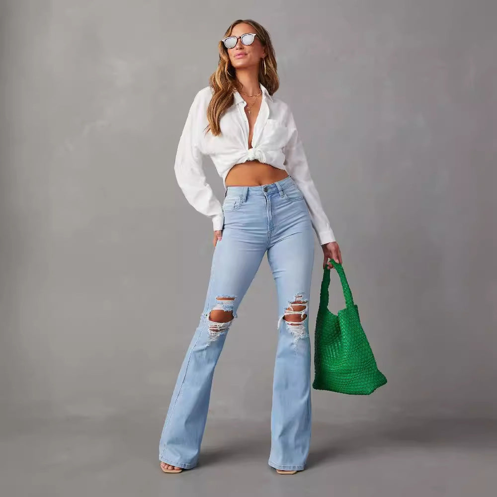 Women's Ripped High Waist Elegant Cowboy Wide Leg Trousers