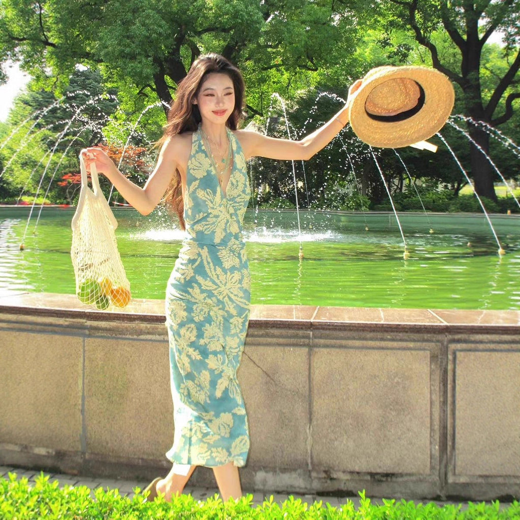 Womens Floral Print Backless Halter Dress