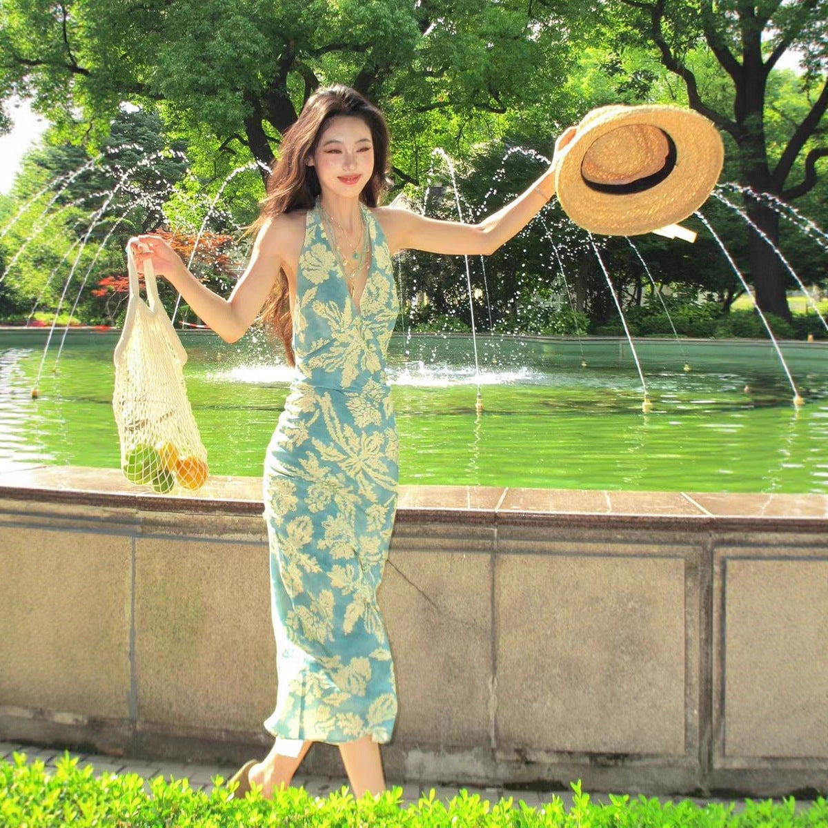 Womens Floral Print Backless Halter Dress
