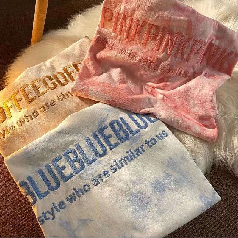 Embroidered Letter Tie-Dye Short Sleeve T-Shirt