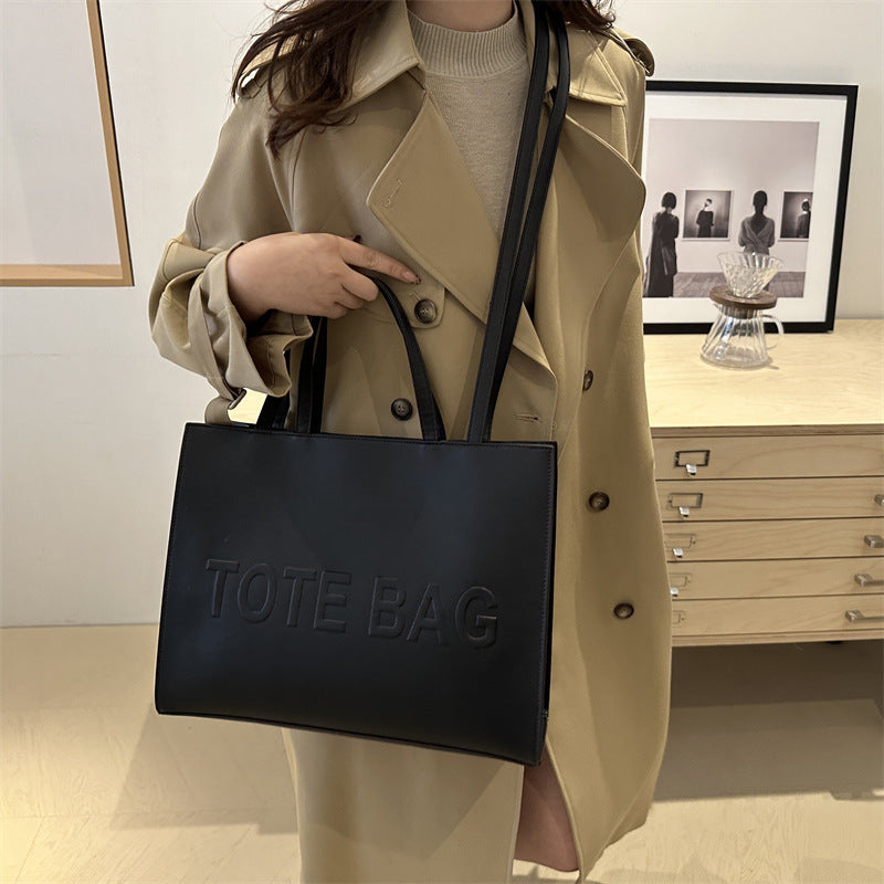 Embossed Letter Large Capacity Retro Shoulder Tote Bag