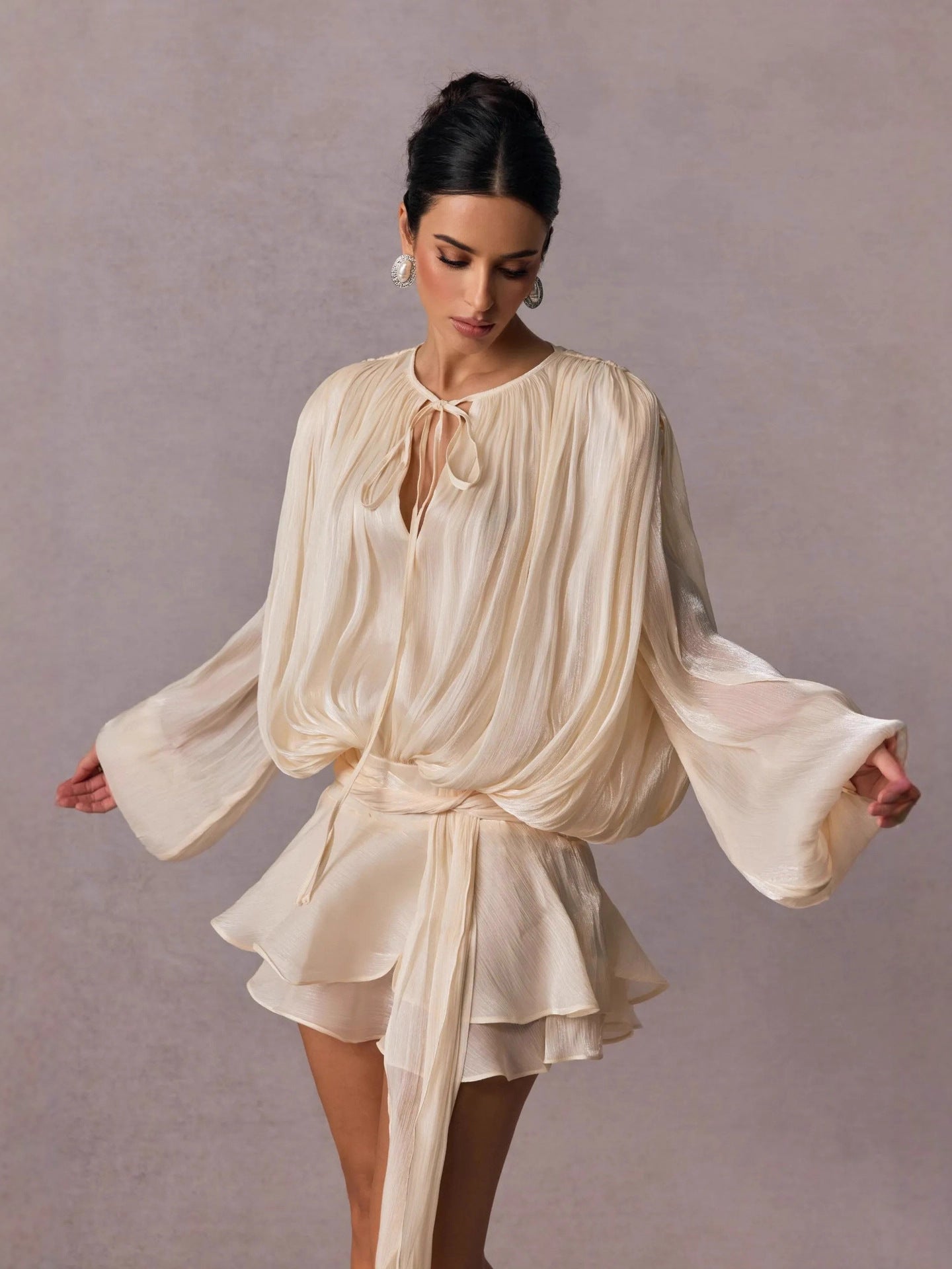Womens Solid Color Shirt Dress with Tie Detail