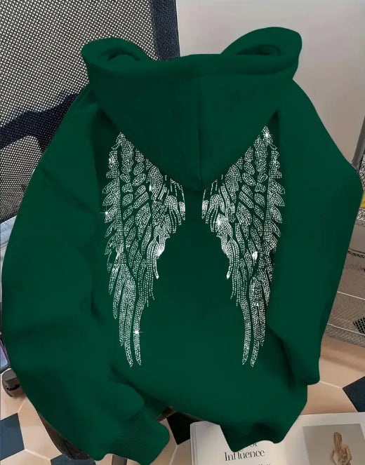 Simple wing print pullover hooded sweatshirt with loose fit