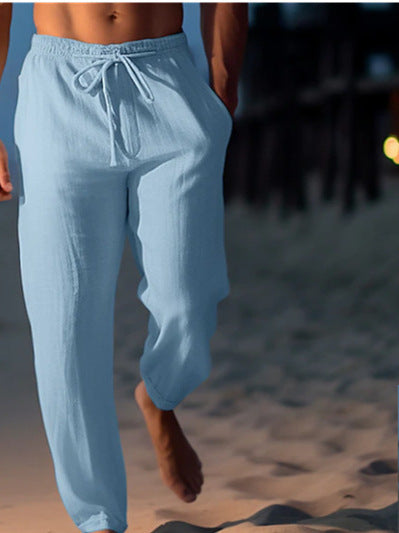 Mens Linen Drawstring Waist Casual Trousers