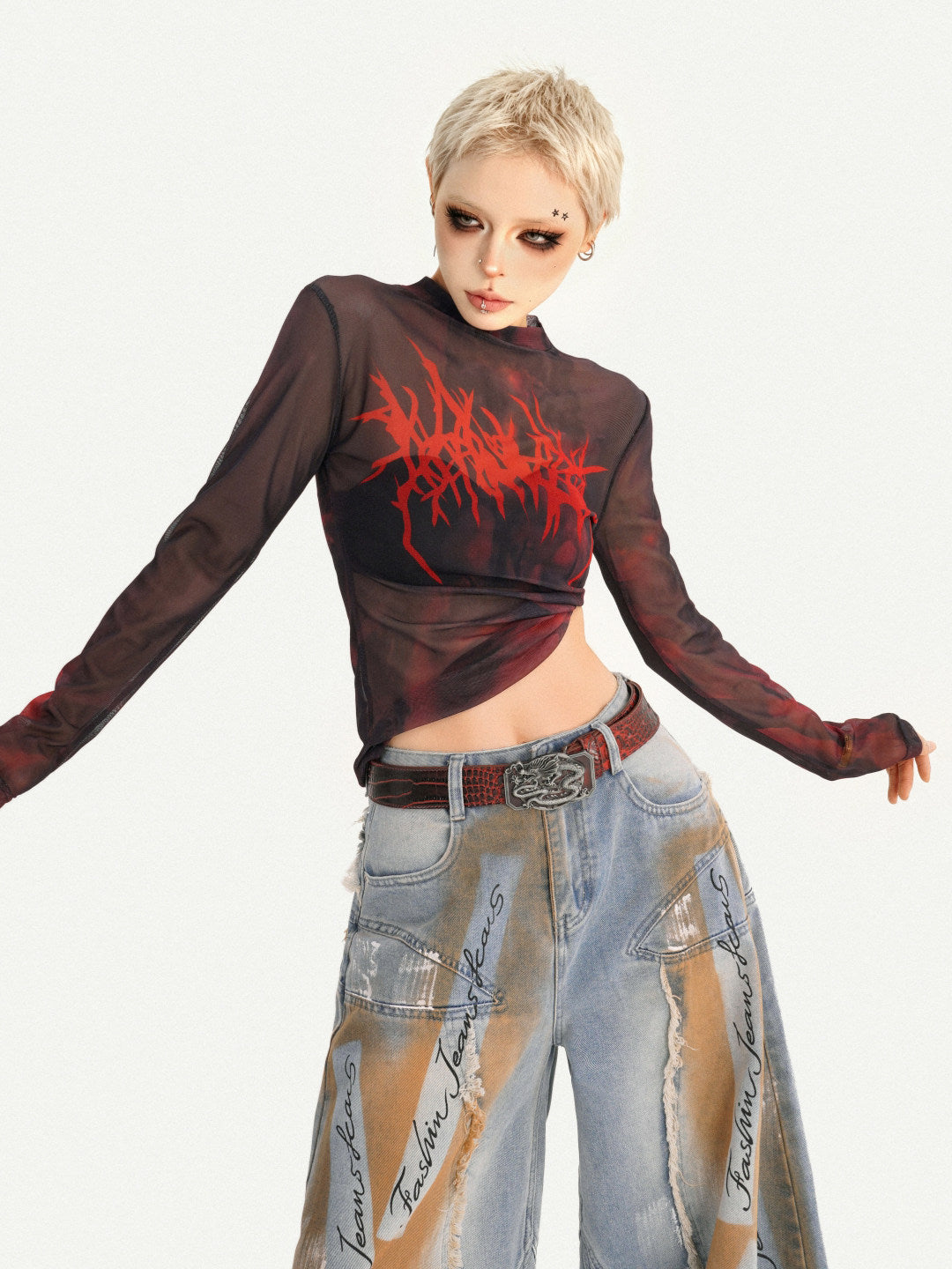 Gothic Red Printed Mesh Long Sleeve T-Shirt