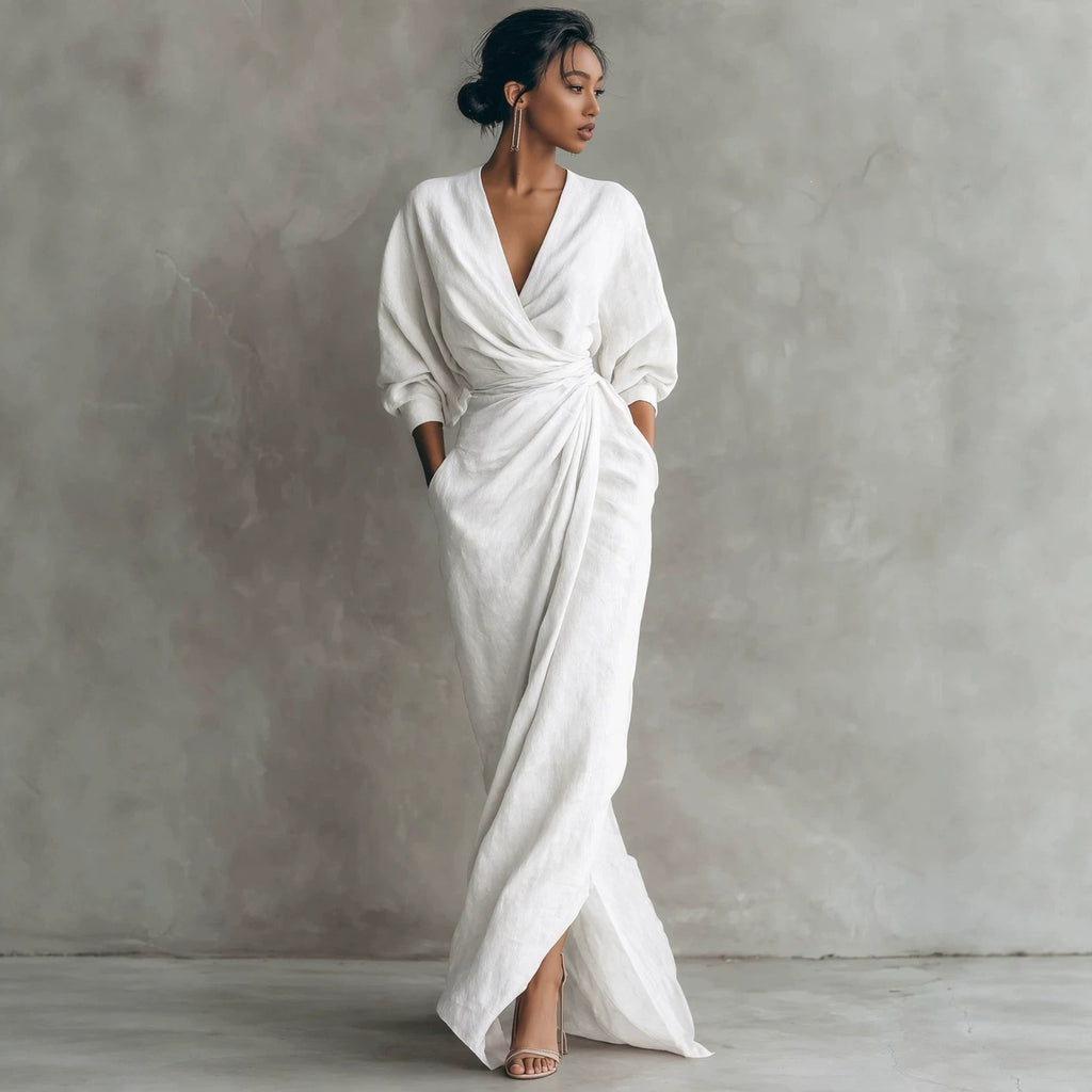 Elegant V-Neck Long Sleeve Waist-Cinching Dress