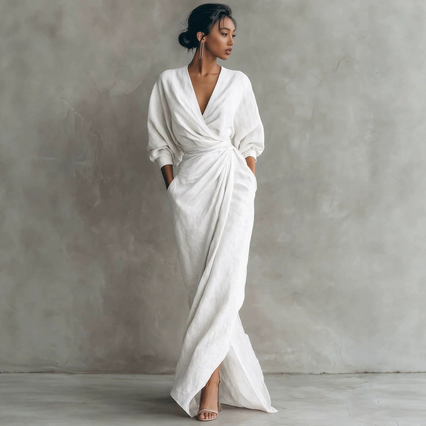 Elegant V-Neck Long Sleeve Waist-Cinching Dress