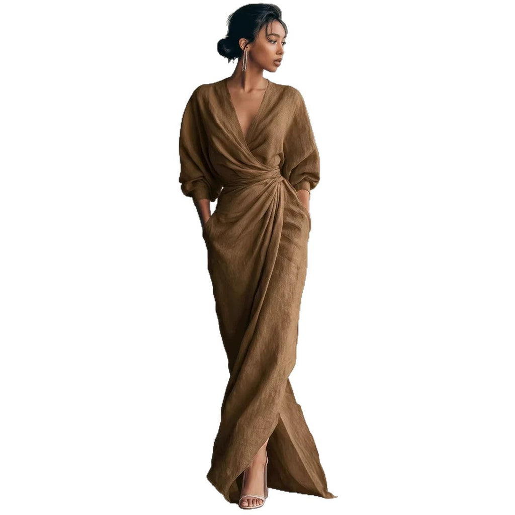Elegant V-Neck Long Sleeve Waist-Cinching Dress