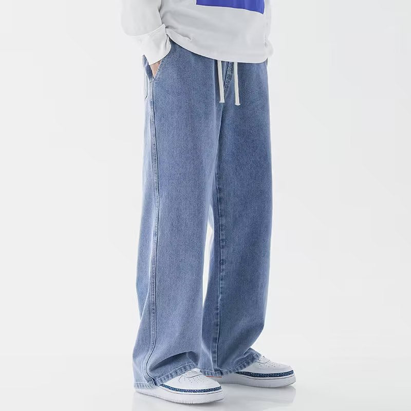 Elastic Waist Straight Leg Cotton Trousers for Men