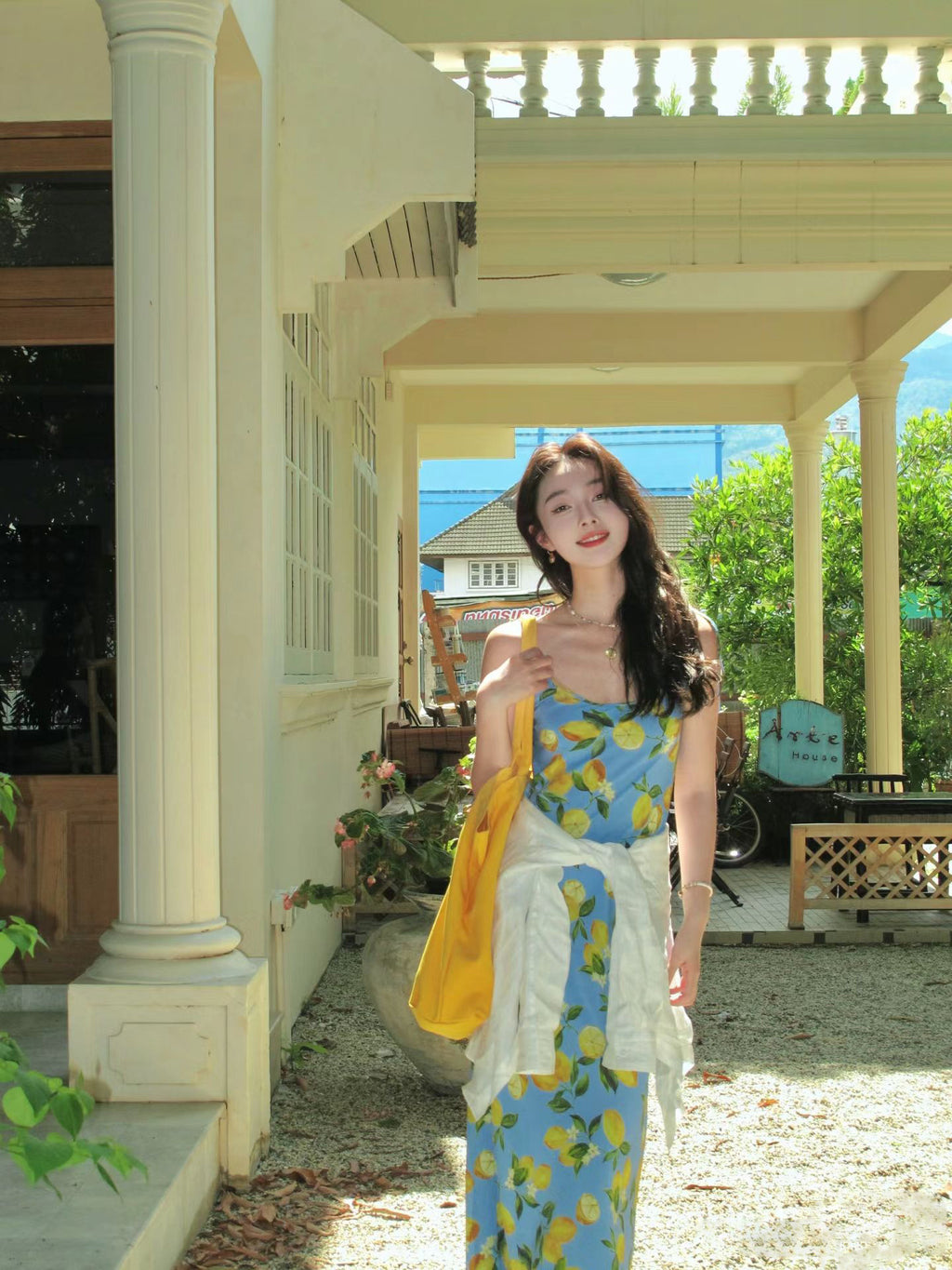Lemon Print Sling Long Dress for Women