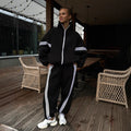 Stand-collar coat and elastic-waist trousers