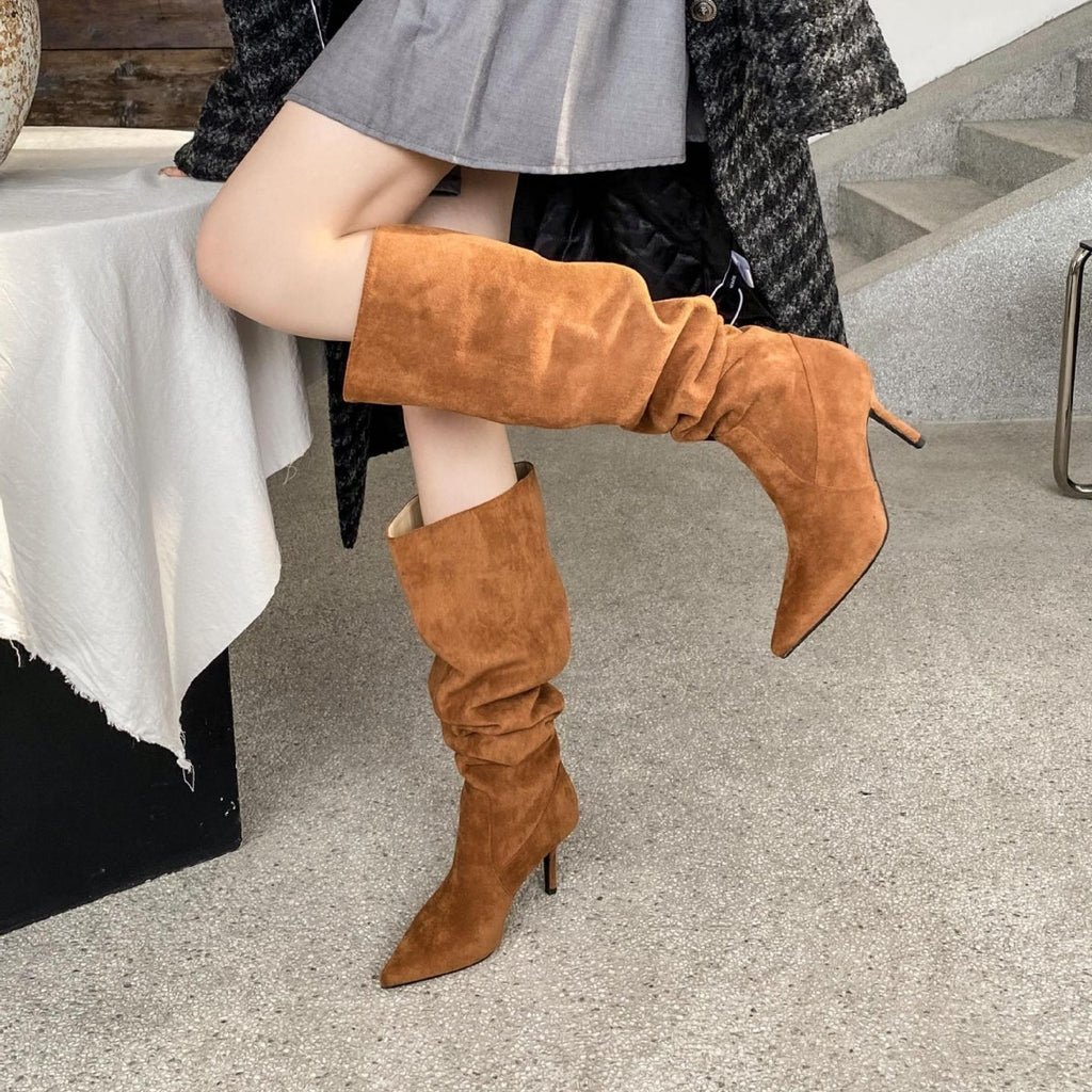 Womens Pointed Toe Knee High Suede Boots