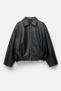 Womens Vintage Faux Leather Jacket with Belt