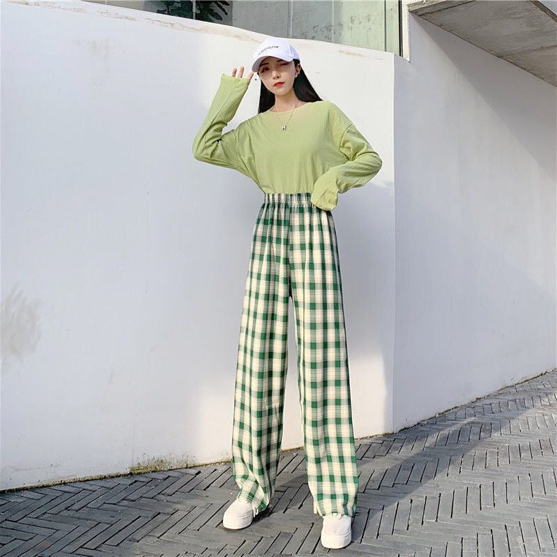 Plaid Wide-Leg Pants, High Waist Casual Summer Trousers