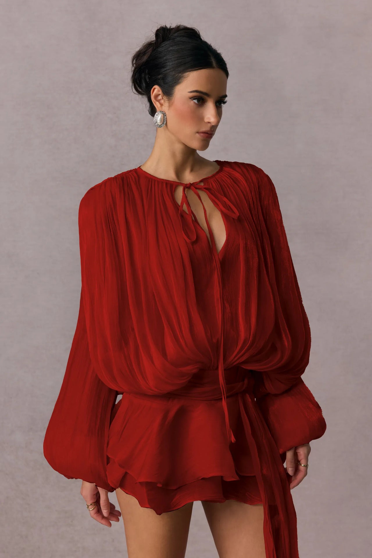 Womens Solid Color Shirt Dress with Tie Detail