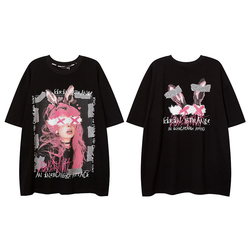 Dark-haired bunny girl short-sleeved T-shirt