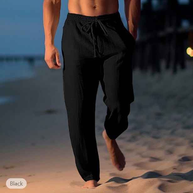 Mens Linen Drawstring Waist Casual Trousers