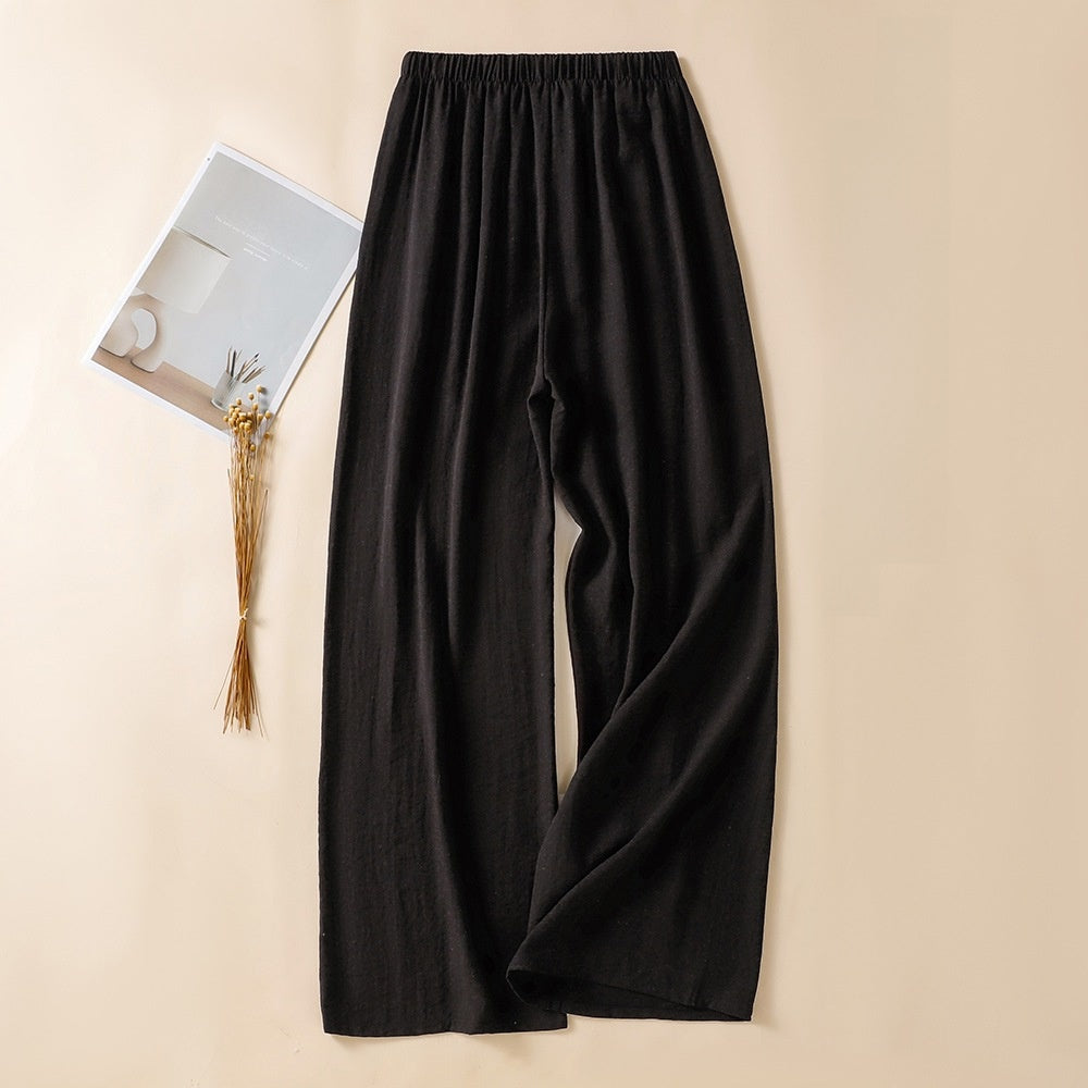 Womens Linen Loose Wide Leg Pants High Waist Straight Trousers Summer