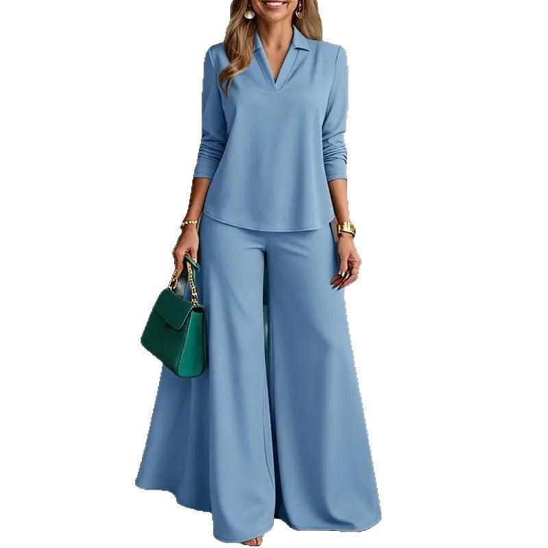 Womens V-Neck Top and Wide-Leg Pants Set