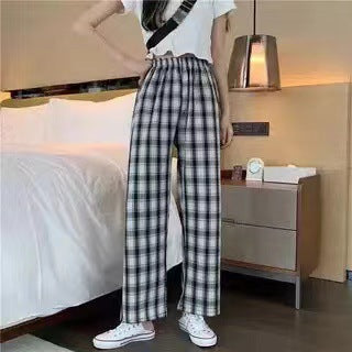 Plaid Wide-Leg Pants, High Waist Casual Summer Trousers