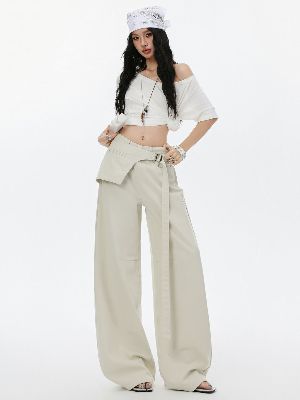 Womens High Waist Wide Leg Cotton Trousers