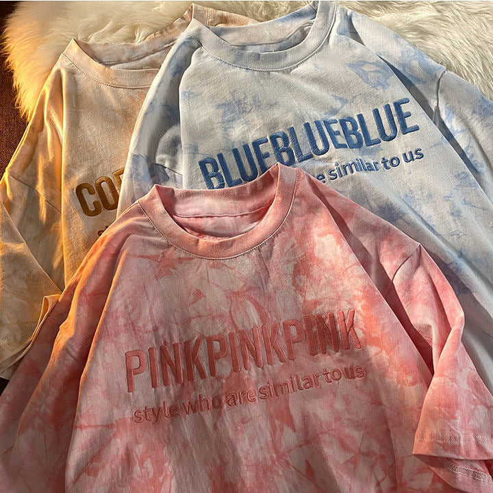 Embroidered Letter Tie-Dye Short Sleeve T-Shirt