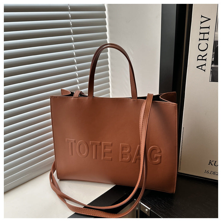 Embossed Letter Large Capacity Retro Shoulder Tote Bag