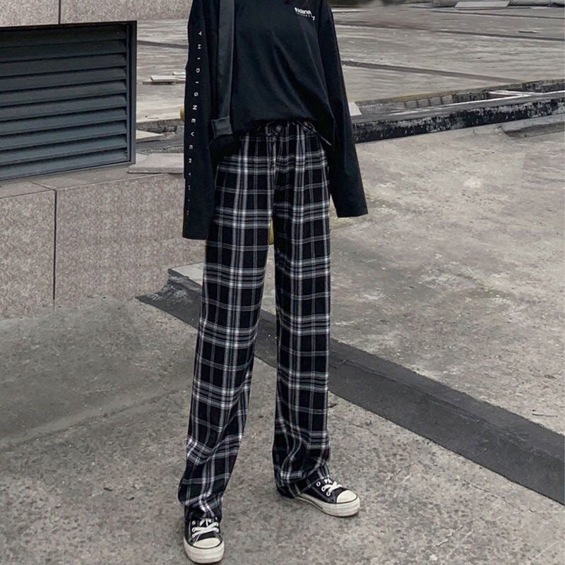 Plaid Wide-Leg Pants, High Waist Casual Summer Trousers