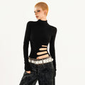 Womens Long Sleeve Hollow Out Ripped T-Shirt