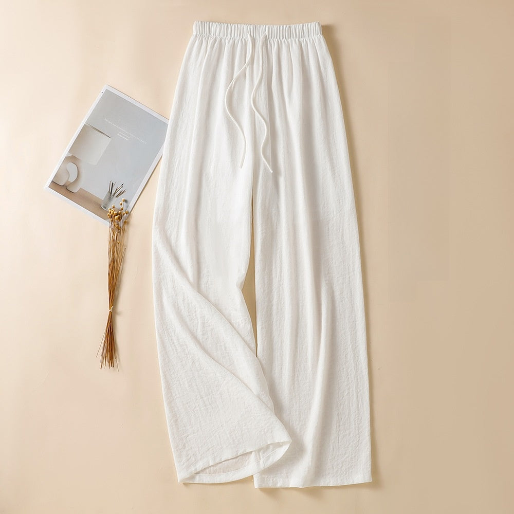 Womens Linen Loose Wide Leg Pants High Waist Straight Trousers Summer