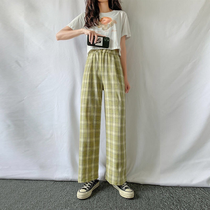 Plaid Wide-Leg Pants, High Waist Casual Summer Trousers