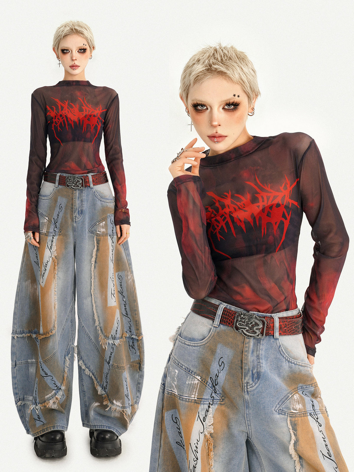 Gothic Red Printed Mesh Long Sleeve T-Shirt