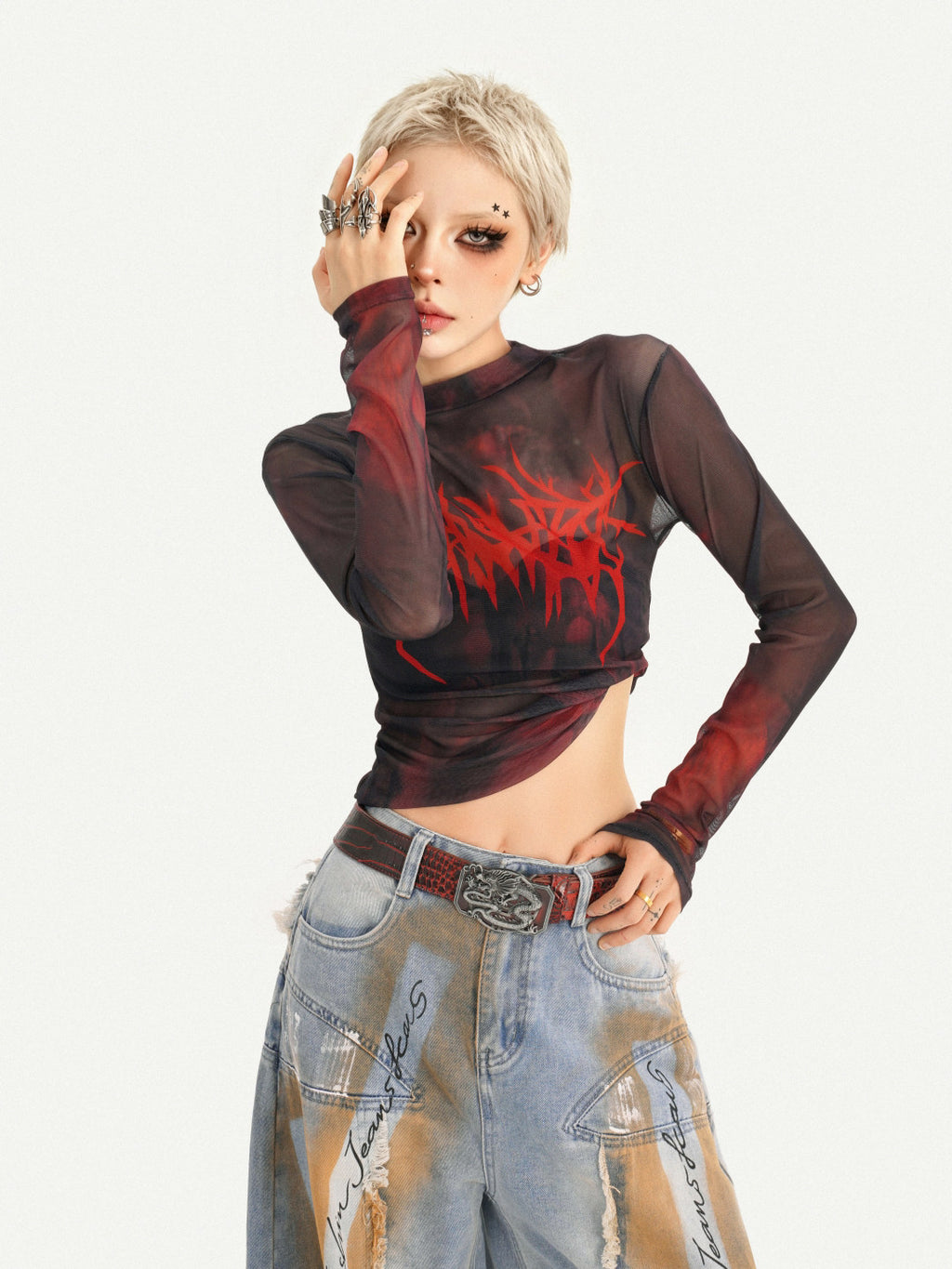 Gothic Red Printed Mesh Long Sleeve T-Shirt