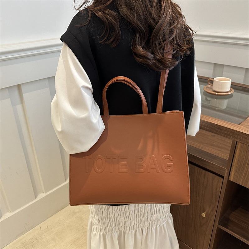 Embossed Letter Large Capacity Retro Shoulder Tote Bag