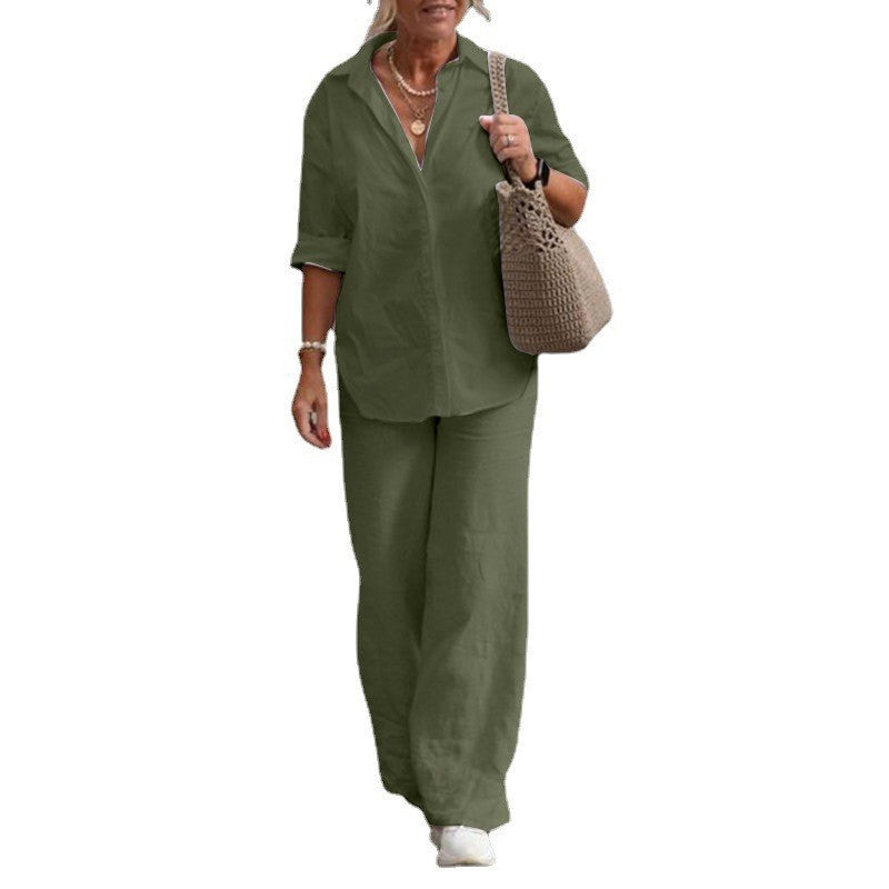 Women's Lapel Shirt and Wide-Leg Pants Set