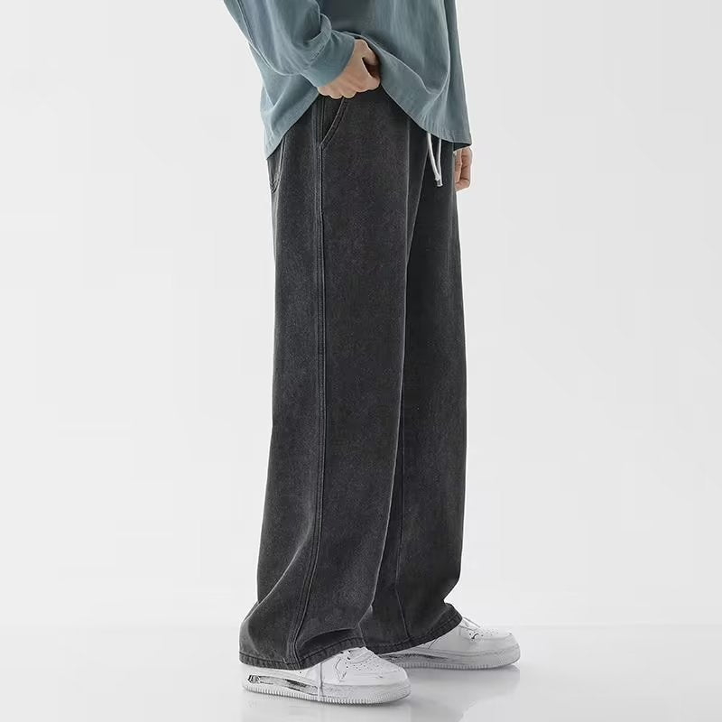 Elastic Waist Straight Leg Cotton Trousers for Men