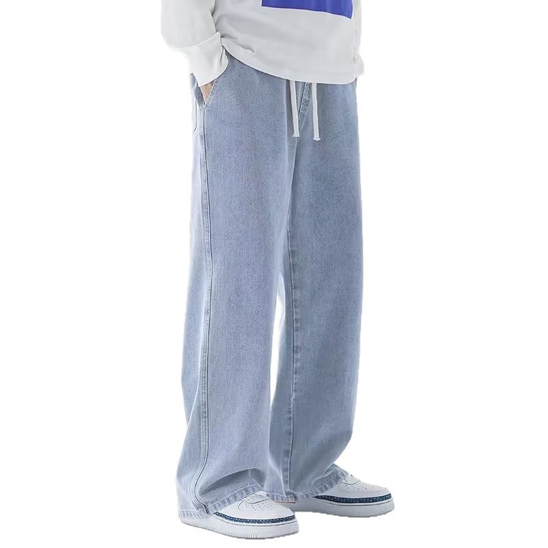 Elastic Waist Straight Leg Cotton Trousers for Men