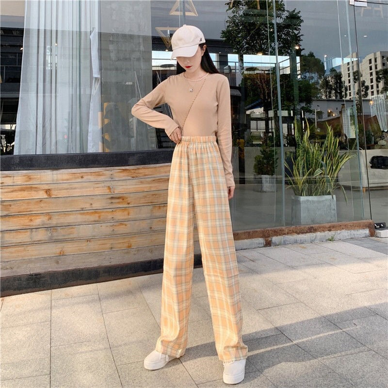 Plaid Wide-Leg Pants, High Waist Casual Summer Trousers