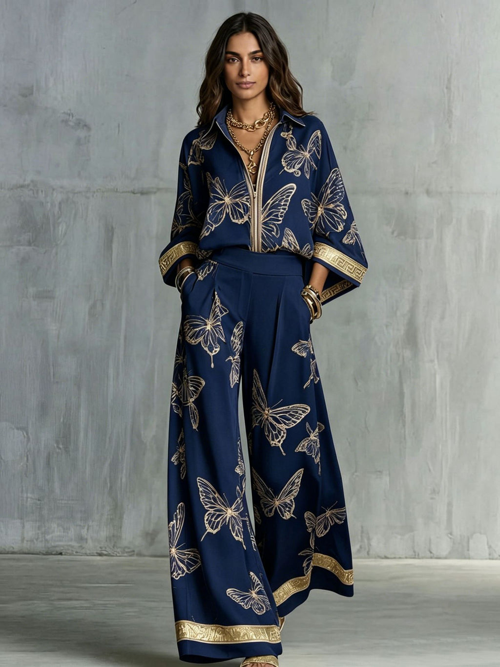 Womens Retro Print Deep V Neck Zipper Top Wide Leg Pants Two Piece Set
