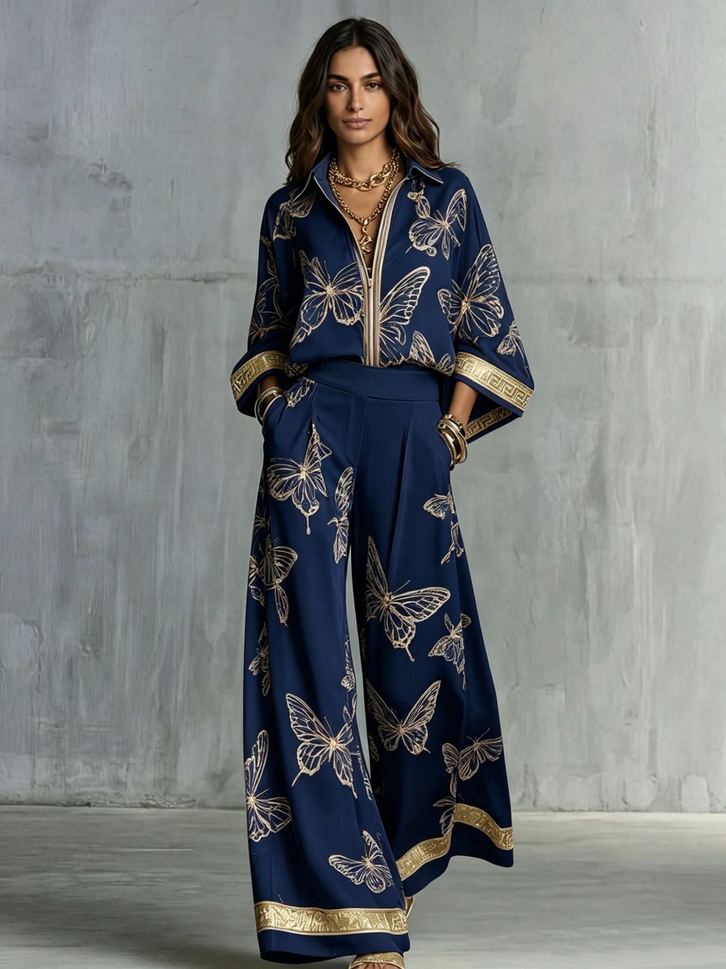 Womens Retro Print Deep V Neck Zipper Top Wide Leg Pants Two Piece Set