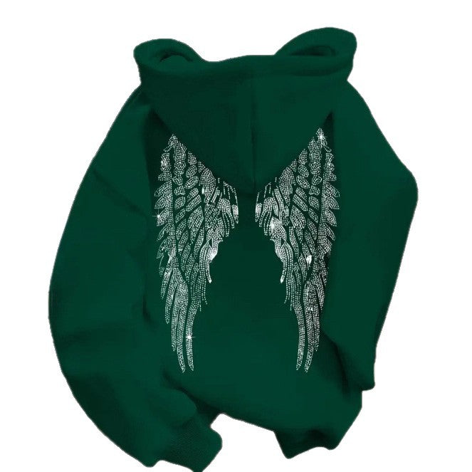Simple wing print pullover hooded sweatshirt with loose fit