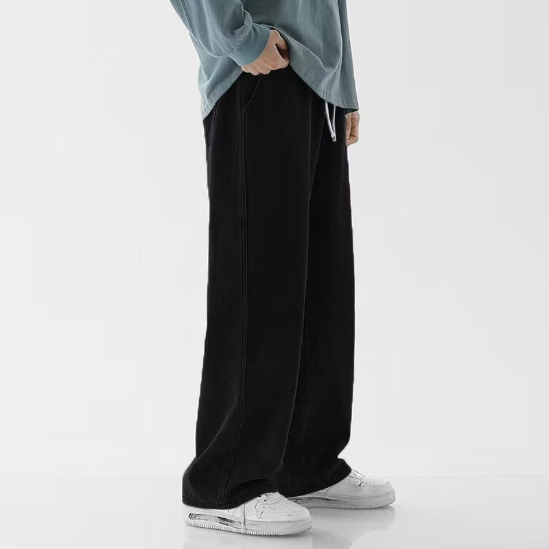 Elastic Waist Straight Leg Cotton Trousers for Men