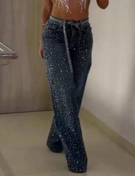 Rhinestone Denim Trousers High Waist Wide Leg