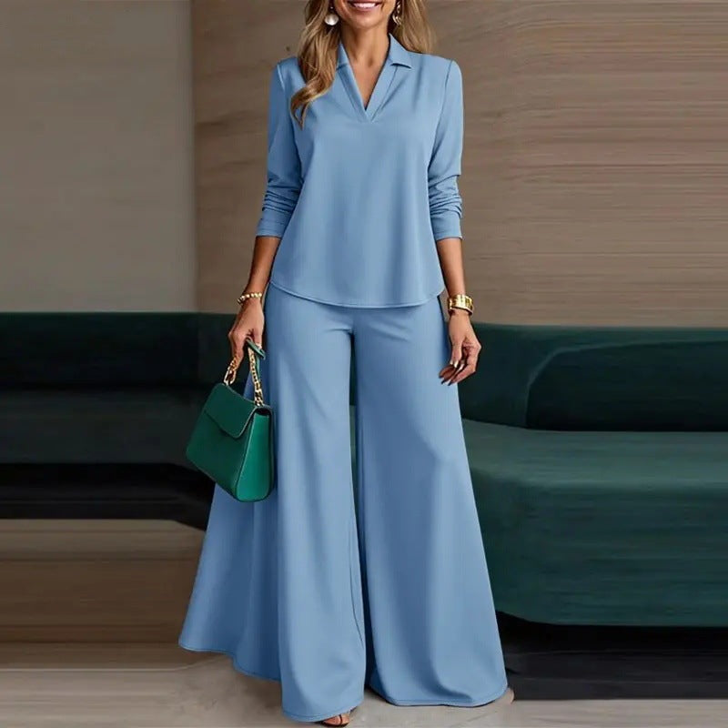 Womens V-Neck Top and Wide-Leg Pants Set