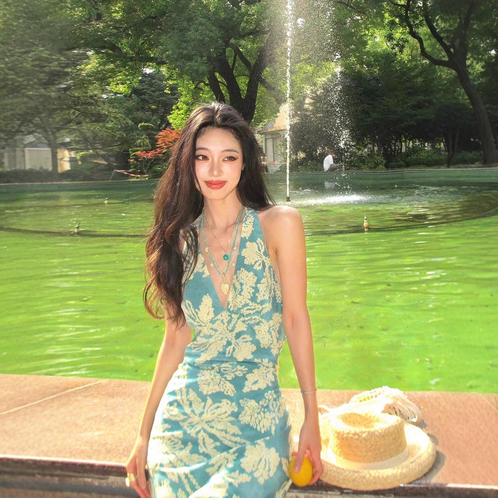 Womens Floral Print Backless Halter Dress