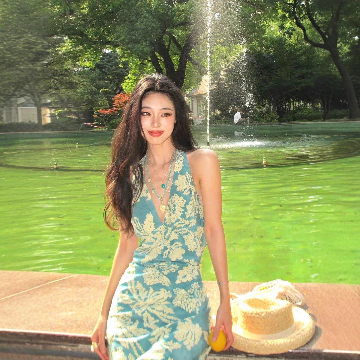 Womens Floral Print Backless Halter Dress