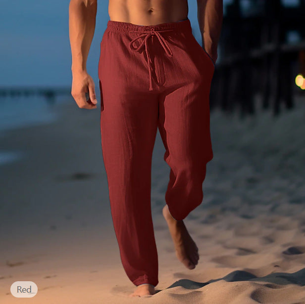 Mens Linen Drawstring Waist Casual Trousers