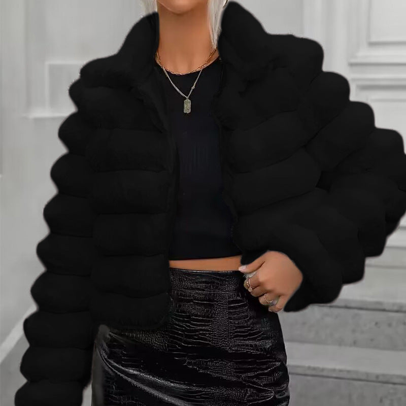 Women Faux Fur Jacket Short Double Collar Winter Coat
