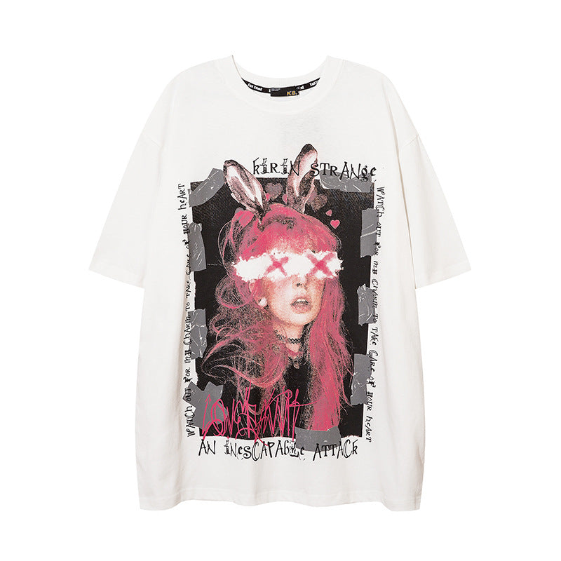 Dark-haired bunny girl short-sleeved T-shirt